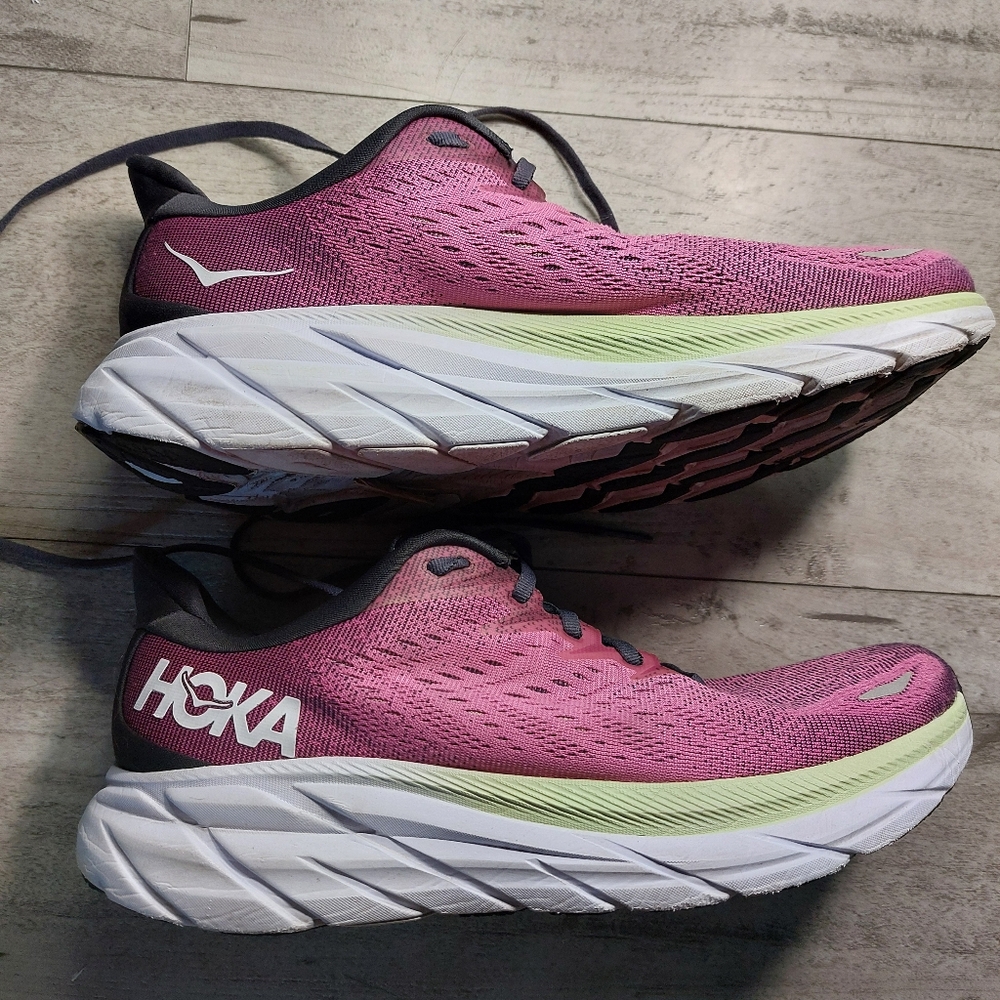HOKA Clifton 8  Women's Pink Athletic Running Shoes with Lime Accent